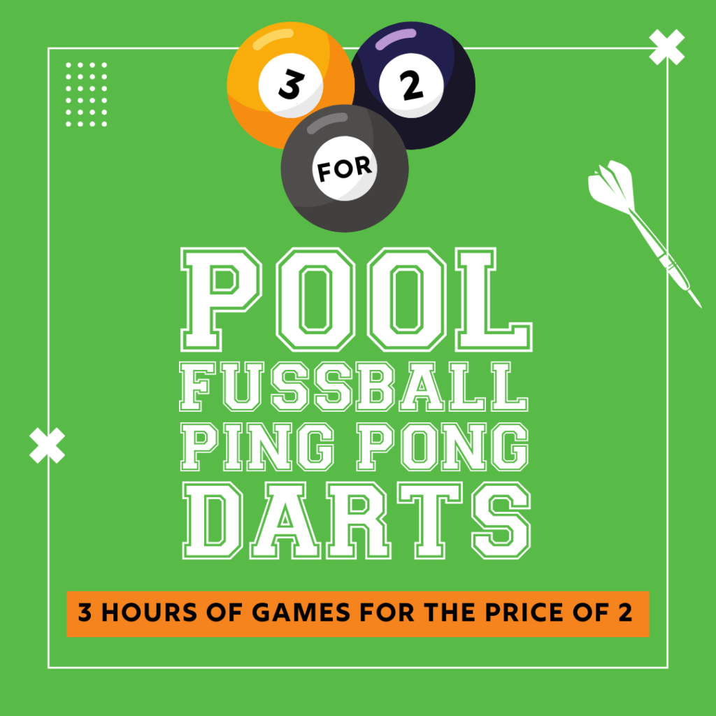 pool, fussball, ping pong and darts